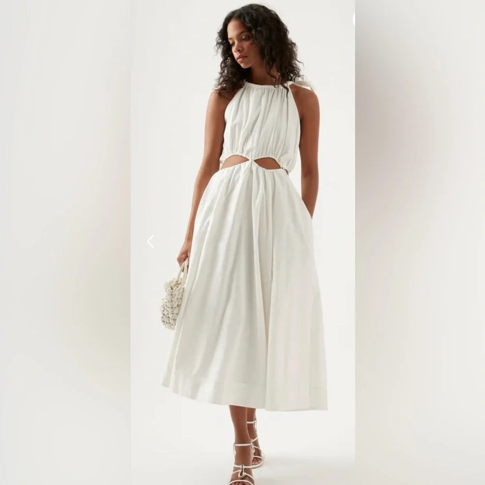 Aje Revolve Henriette Tie-Neck Halter Cut-Out Waist Midi Dress Small Ivory